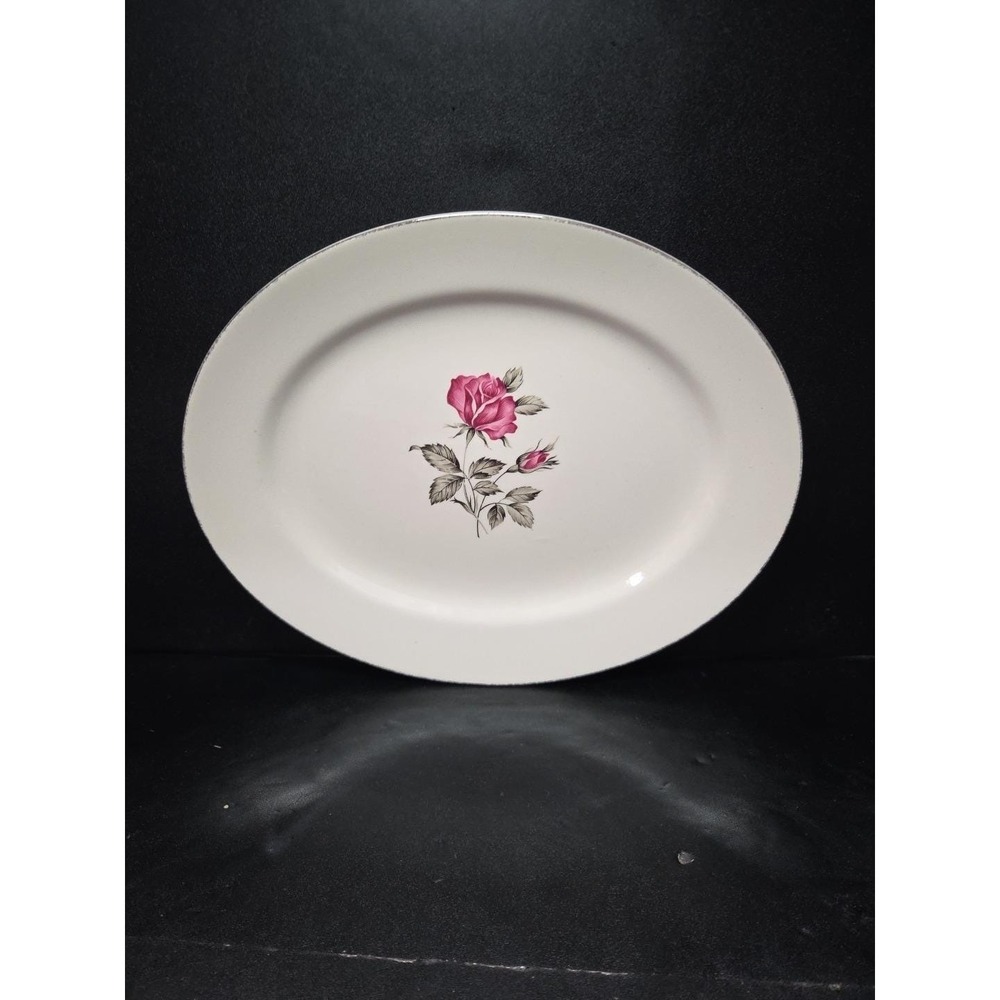 Homer‎ Laughlin Tiffany Rose Oval Platter Tray Dark Pink Rose W Gray Leaves